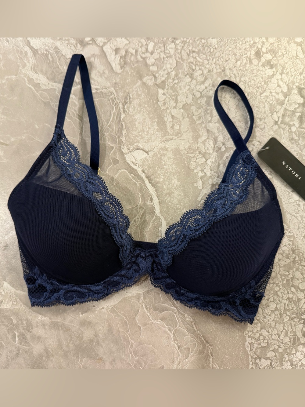 NWT Natori Navy Feathers Lace-Trim Underwire Bra, Size 30D